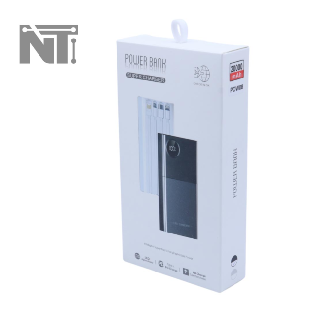 Power Bank 20000mAh POW08 – Cables Integrados y Carga Rápida Multi-Dispositivo | POW08